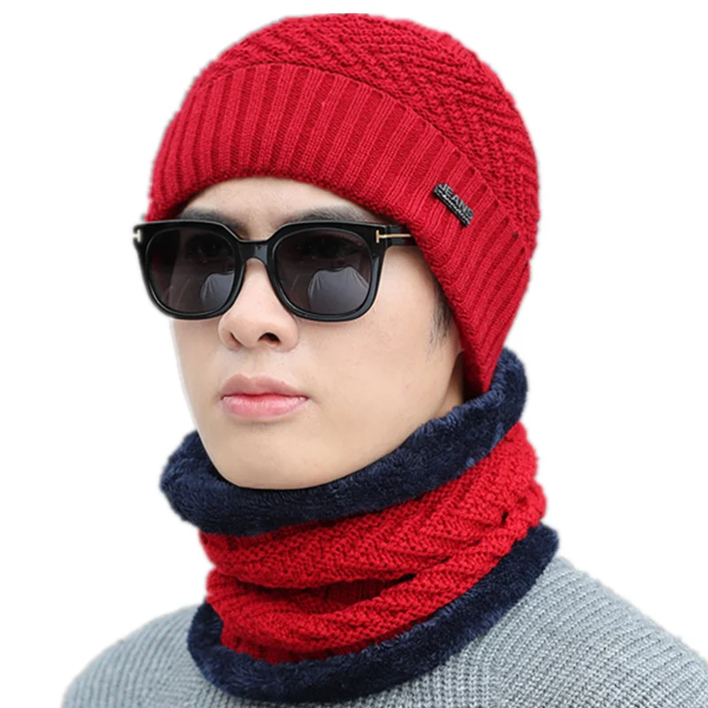 Red 2pcs / комплект шапка мода шапка мужская зимняя вязание шапки для мужские теплый толстый плюс футеровка акрил шапка - Цвет: Red