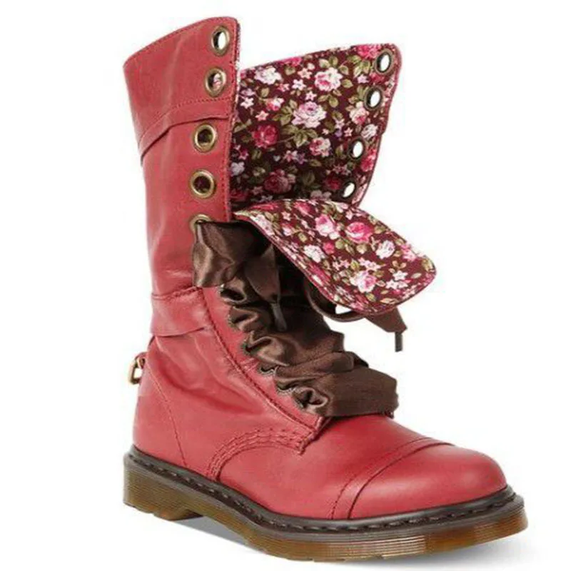 Женские ботинки Винтажные ботинки в стиле ретро с Джейсоном мартинсом женские мотоциклетные ботинки на шнуровке кожаные ботинки до середины икры на шнуровке, большие размеры 35-43 - Цвет: Красный