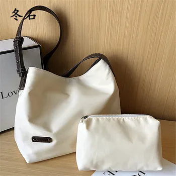

Nylon Solid Color Handbags High Capacity 2 Piece Set Women's Shoulder Bag Reusable Women Shopping Bags Ladies Leisure Travel Bag