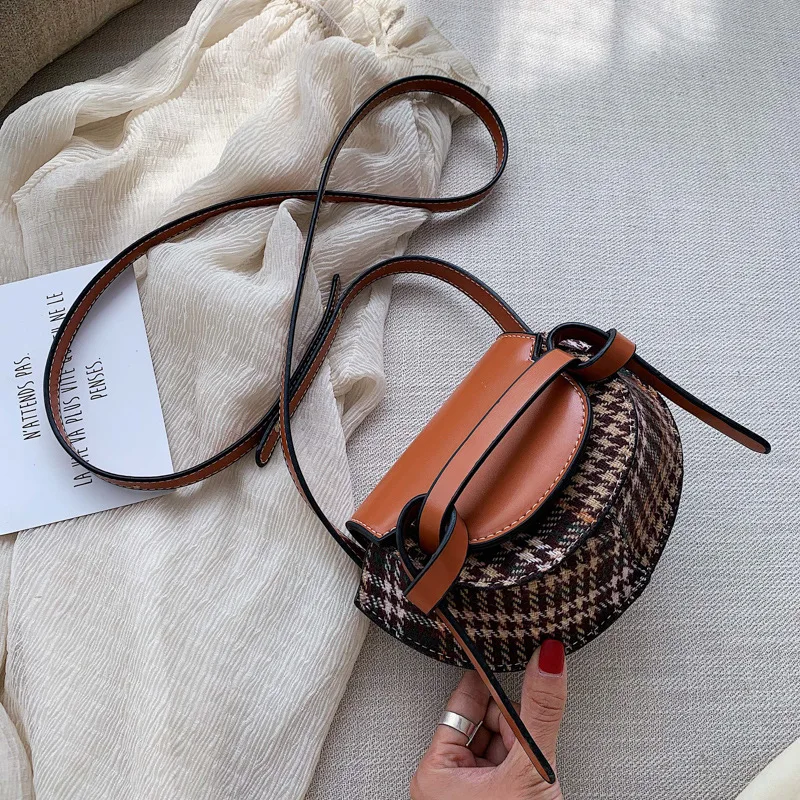 Холщовая женская сумка Осенняя Женская новая брендовая дизайнерская роскошная сумка через плечо клетчатая ретро модная мини седельная сумка через плечо - Цвет: Коричневый