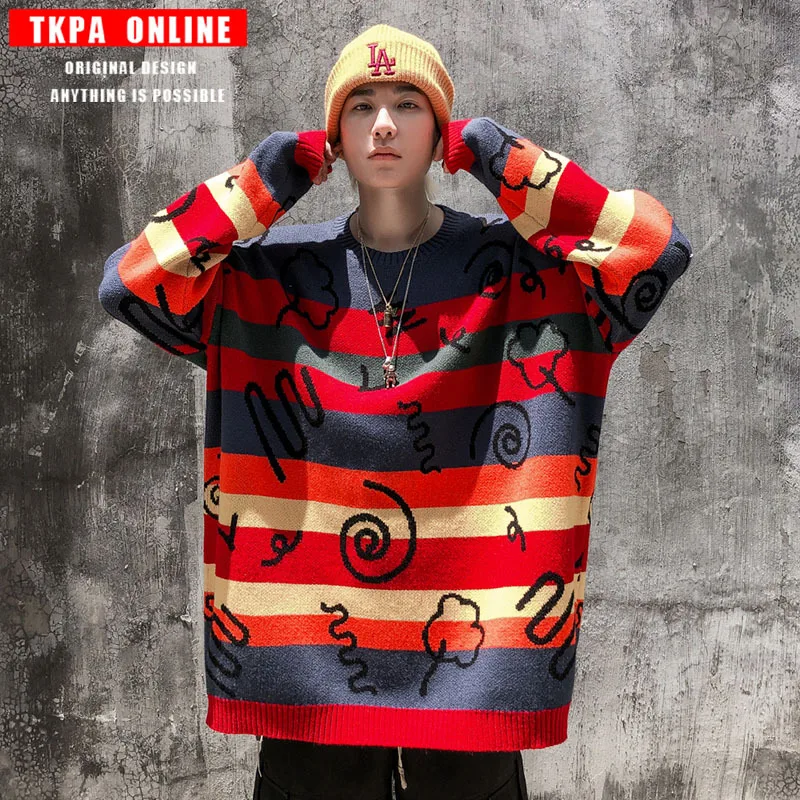 

2020 Men' Clothing MEN'S Knit Jacket Contrast Color Stripes Korean-style Hanging Shoulder Crew Neck Pullover