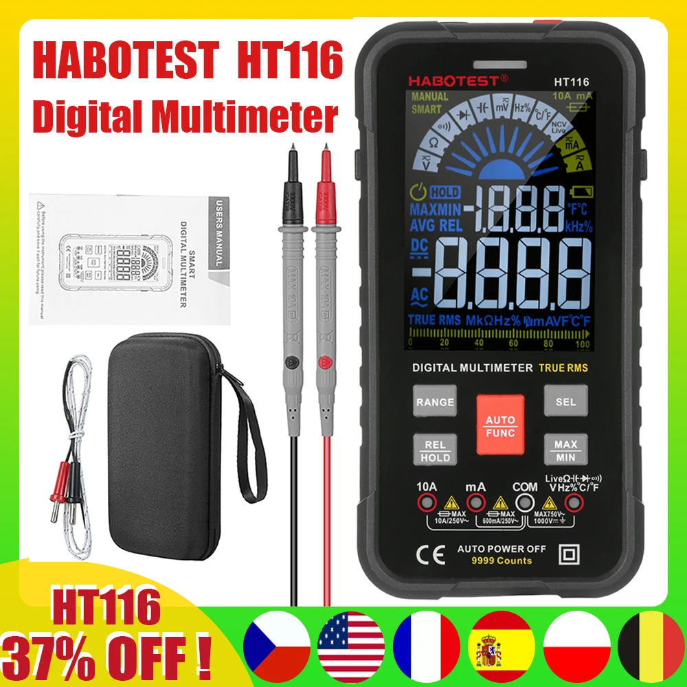HABOTEST HT116 9999 Counts Digital Multimeter Auto Range 1000V 10A Tester Meter Ohm Hz Capacitance True RMS AC DC Multitester |