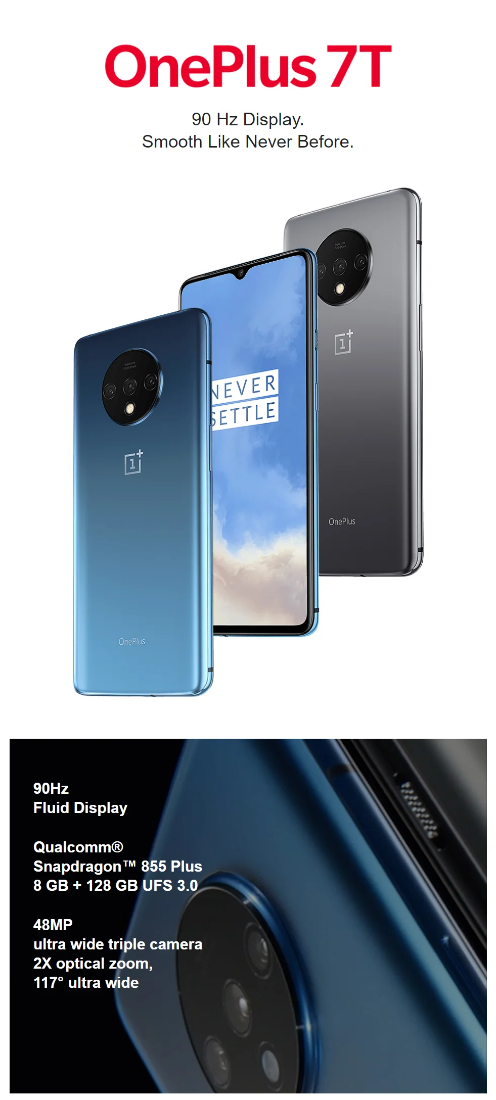 Глобальная ПЗУ Oneplus 7T Snapdrago 855 Plus Dual SIM 8 Гб ram 128 ГБ/256 ГБ rom UFS 3,0 48MP OIS 90 Гц экран Play Store OTA Oneplus7T