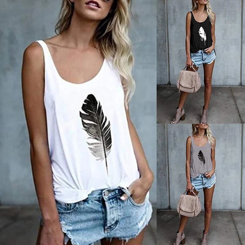 

2020 New Summer Women Fashion Casual High Quality Cotton Solid Color T-Shirts Female Sleeveless Feather Printing Stitching Tops