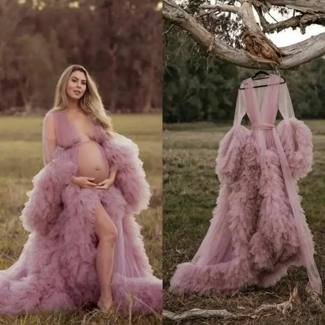 Maternity Robes Women Long Tulle Bathrobe Dresses Photo Shoot Birthday Sexy Bridal Fluffy Party Sleepwear Custom Made Gown 2021 07