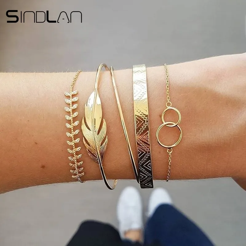Sindlan 5PCs Vintage Flower Pattern Feather Bangles for Women Gold Crystal Charm Open Bracelets Set Fashion Wrist Chain Jewelry | Украшения