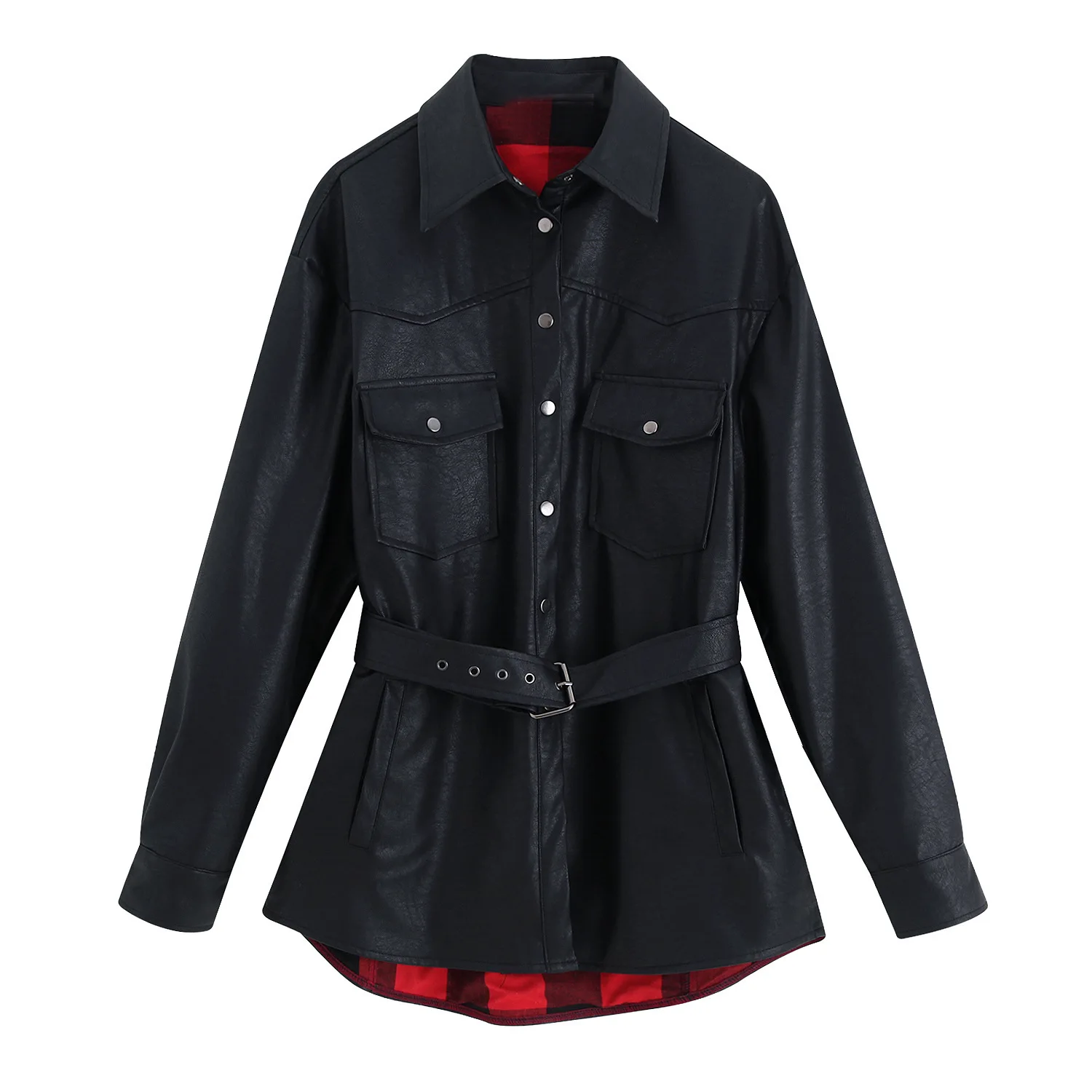 

Western Style WOMEN'S Dress 2019 Spring And Autumn New Style Fold-down Collar Lining Plaid Belt Jacket Women's