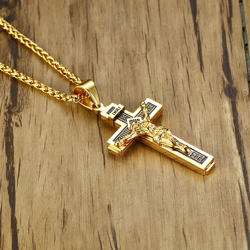 Нержавеющая сталь крест кулон ожерелья для мужчин распятие INRI молитва христианский воротник счастливый аксессуар католический Иисус ювелирные изделия