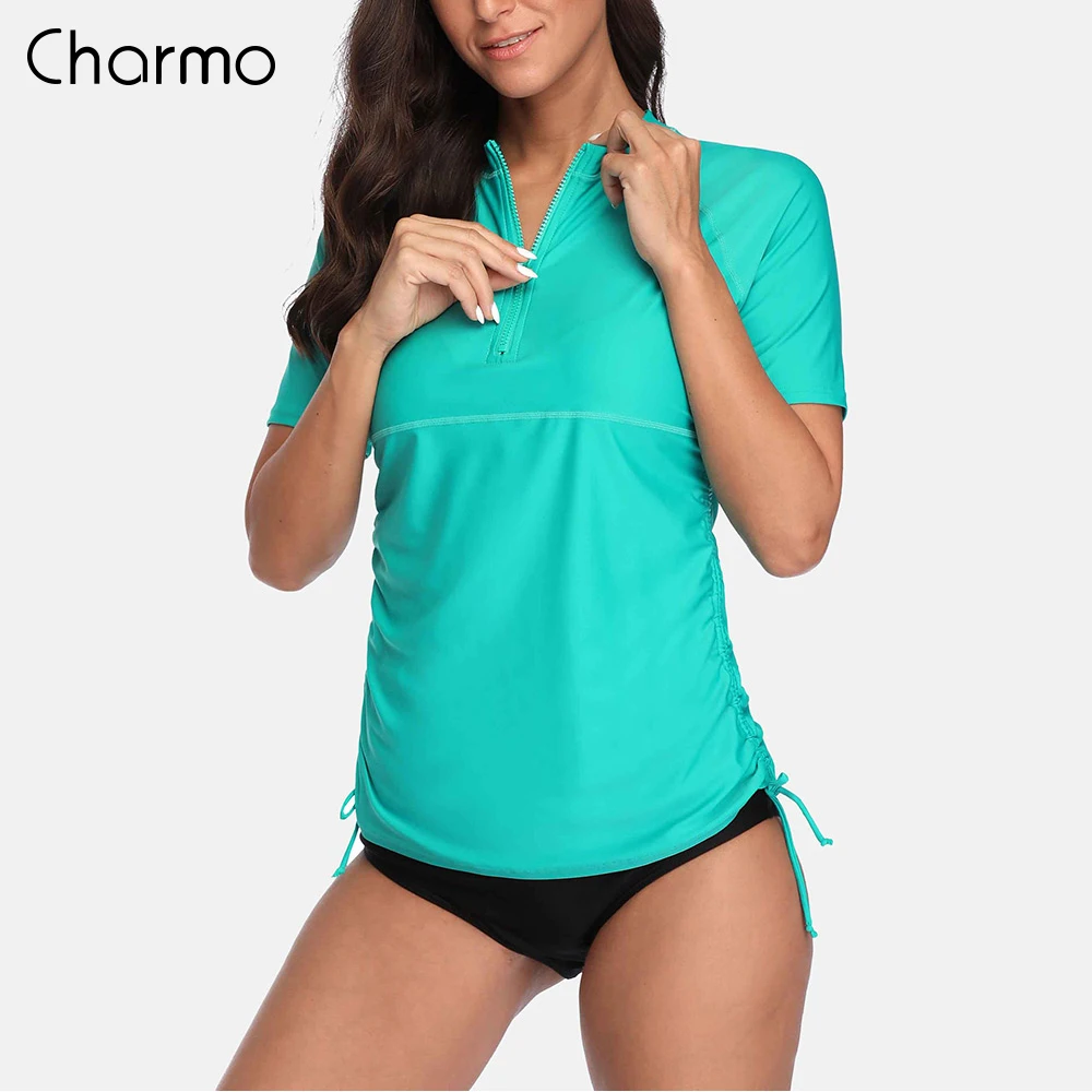 

Charmo Women Long Sleeve Rash Guard Shirts Zip Front Swimwear Rashguard Top Side Bandaged Surf Top Diving Shirt UPF 50+