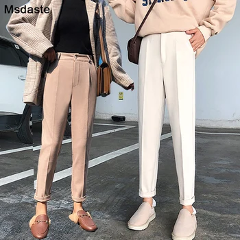 

Winter Woolen Pants 2019 New Women Elastic Female Plus Size Casual Trousers Black/Gray/White/Brown Wool Ankle-Length Harem Pants