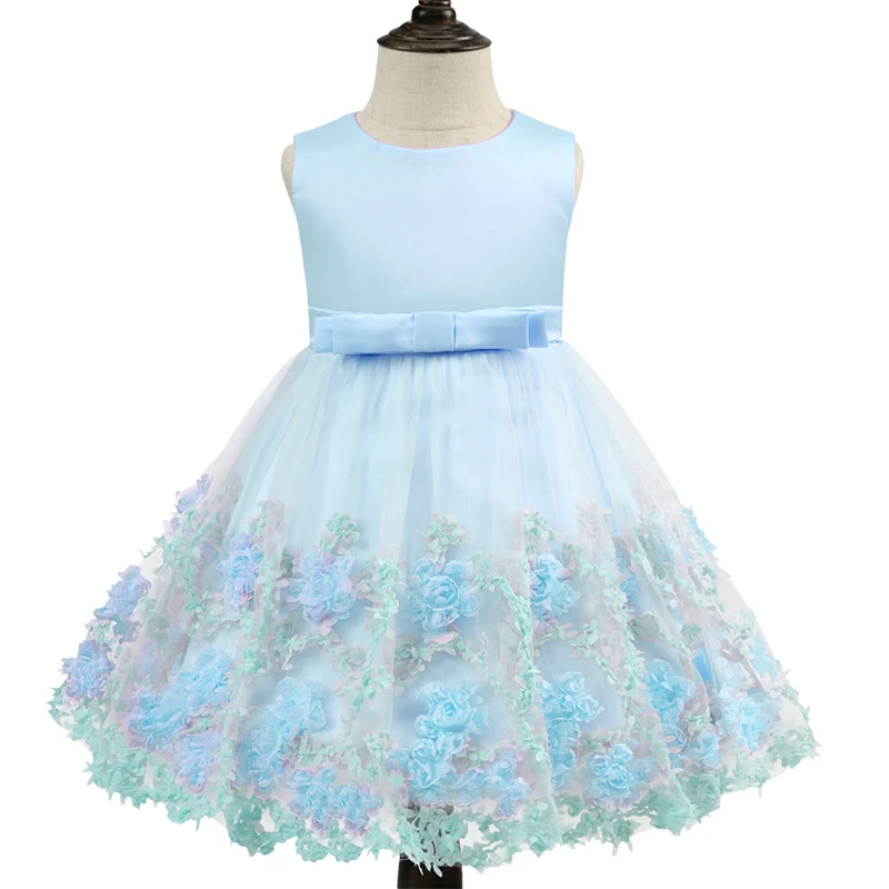 Вечерние платья без рукавов с бантом; элегантные свадебные платья принцессы с цветочным принтом для маленьких девочек; детское рождественское бальное платье; одежда - Color: Lightblue