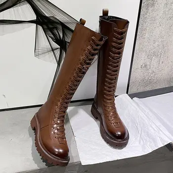 comprar Joelheiras Botas Altas Rendas Até Sapatos Femininos Plataforma Chunky Botas De Inverno Botas De Motocicleta Feminino Punk Sapatos Goth Botines Mujer 2020