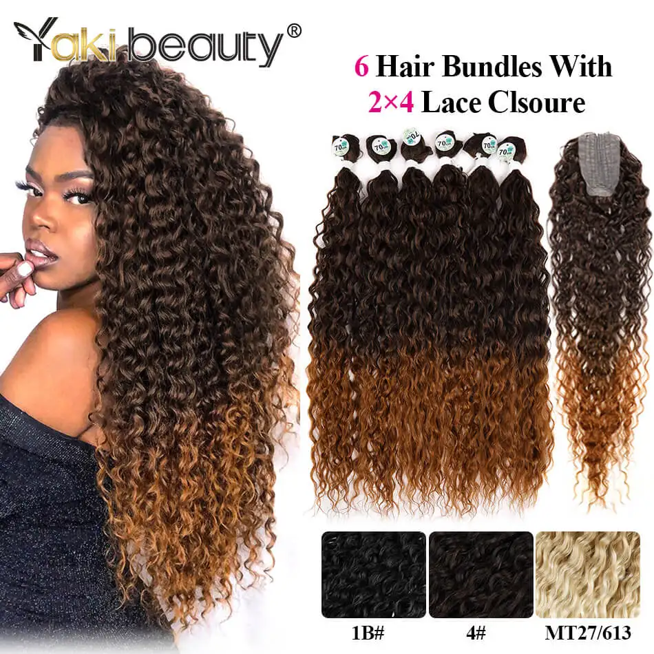 Synthetic Hair Extensions Synthetic Kinky Curly Hair Bundles 6PCS With 1 PC Lace Closure 28/30/32inch Black Brown Blond