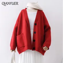 Вязаный женский свитер с v-образным вырезом и длинным рукавом, однотонный кардиган, элегантный винтажный Harajuku Повседневный Свободный Топ, модная новинка