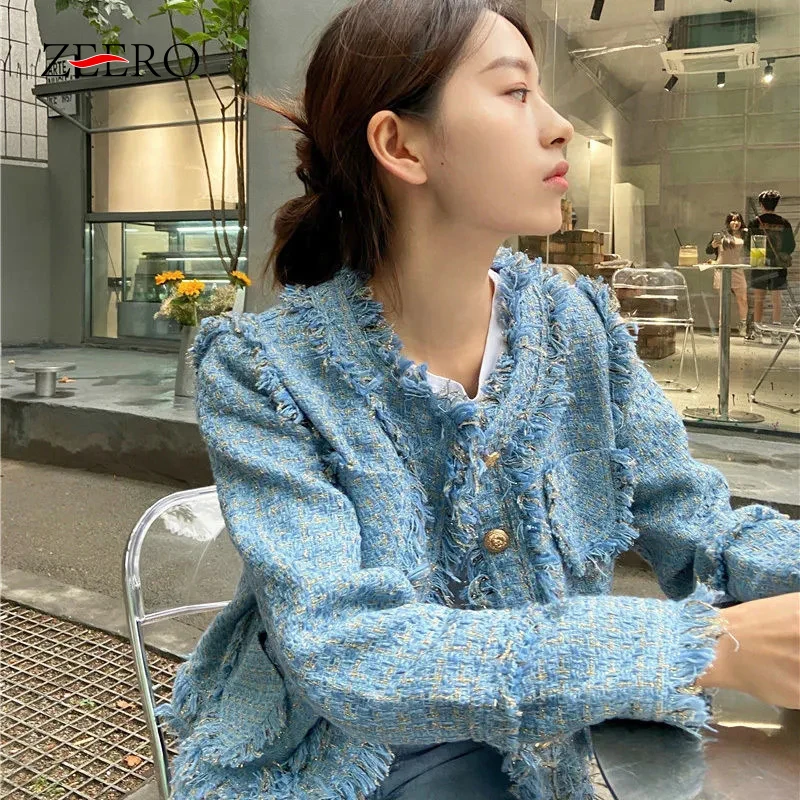 

Винтажная синяя твидовая куртка, Женское пальто на осень и зиму, Женская шерстяная верхняя одежда в стиле пэчворк с бахромой, плотная Женская куртка с карманами