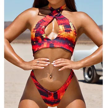 

2020 Sexy Bikini High Waist Swimsuit Chest Cutout Print Two-piece Halter Beach Suit Bathing Summer Brazilian Swimsuit Lady