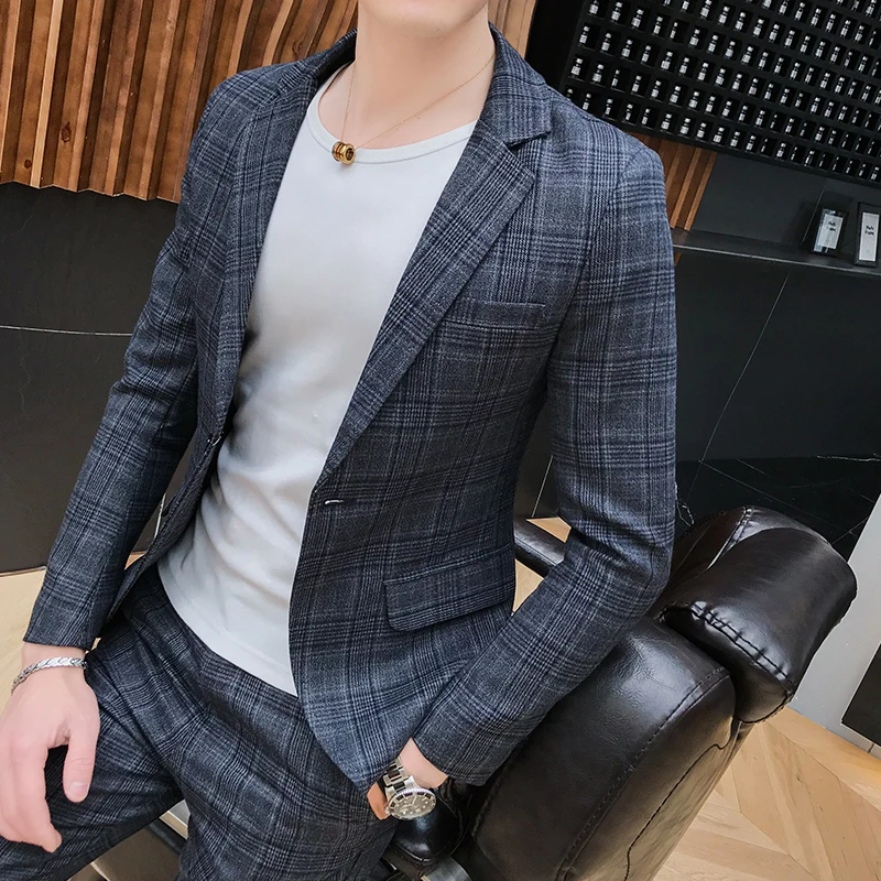Men's British style slim blazer suit set two-piece jacket with pants high-end handsome men's gentleman suit 2019 Men's British style slim blazer suit set two-piece jacket with pants high-end handsome men's gentleman suit 2019