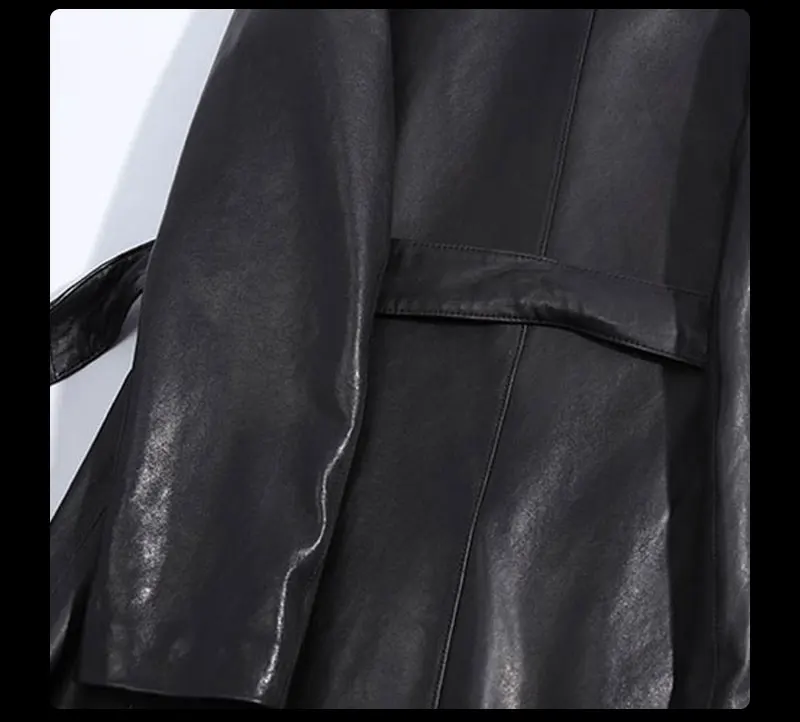 Novmoop Office lady slim black khika sheepskin genuine leather jacket women coat with big pocket sashes chaqueta muje LT2821