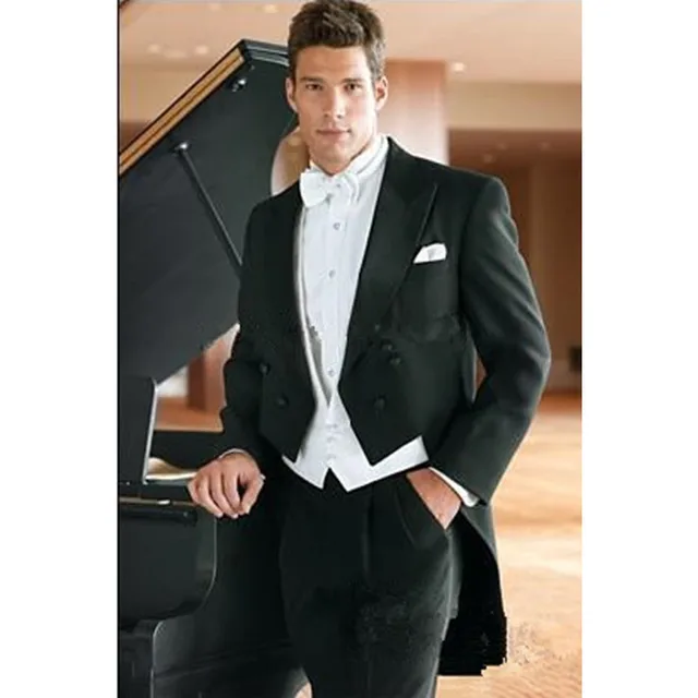 Italian Men Black Coat Tailcoat Wedding Suits for Mens Groomsmen Suit Set (Jacket+Pants+Vest) Slim Groom Wedding Homme Costume 2