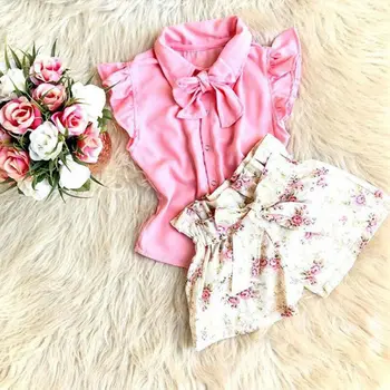 

CANIS 2pcs Toddler Kid Baby Girl Clothes Sleeveless Floral Ruffles T Shirt Tops Bowknot Floral Printed Shorts Outfits Set