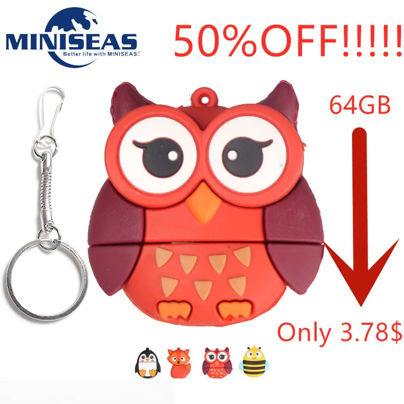 Usb флеш накопитель Miniseas реальная емкость пингвин факс сова пчела форма 8 г/16 г/32 г/64