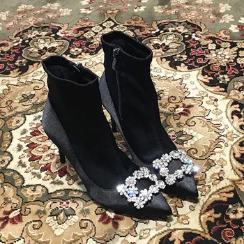 

New sexy Square buckle boots for women flock pointed toe Rhinestone bling shoes zipper thin heels ankle boots for women Zg-2-24