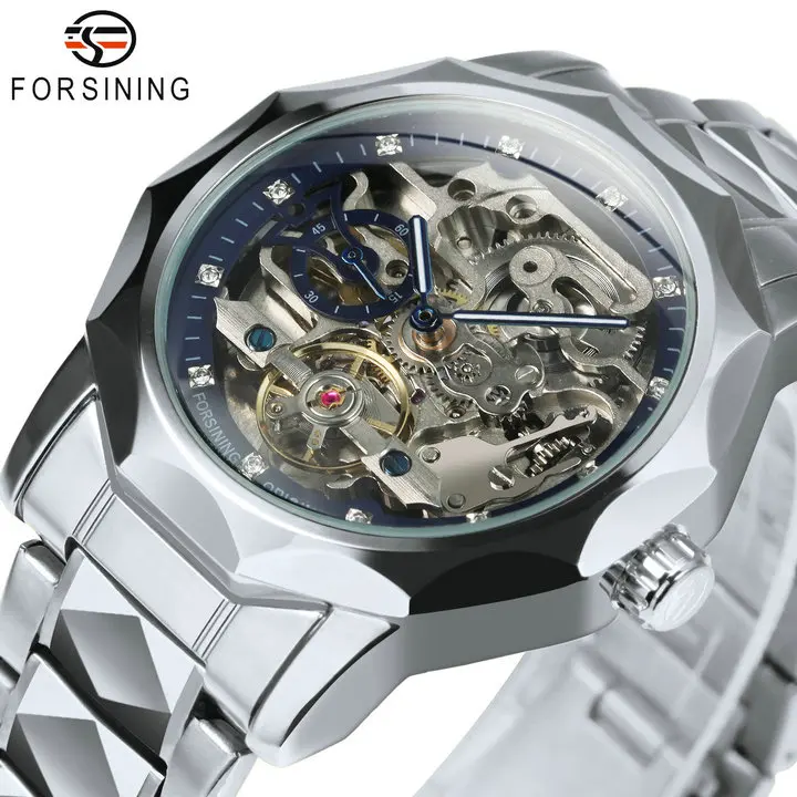 Forsining Fashion Tourbillon Men Watch Automatic Skeleton Watches Luxury Crystal Dial Stainless Steel Strap Waterproof Luminous 