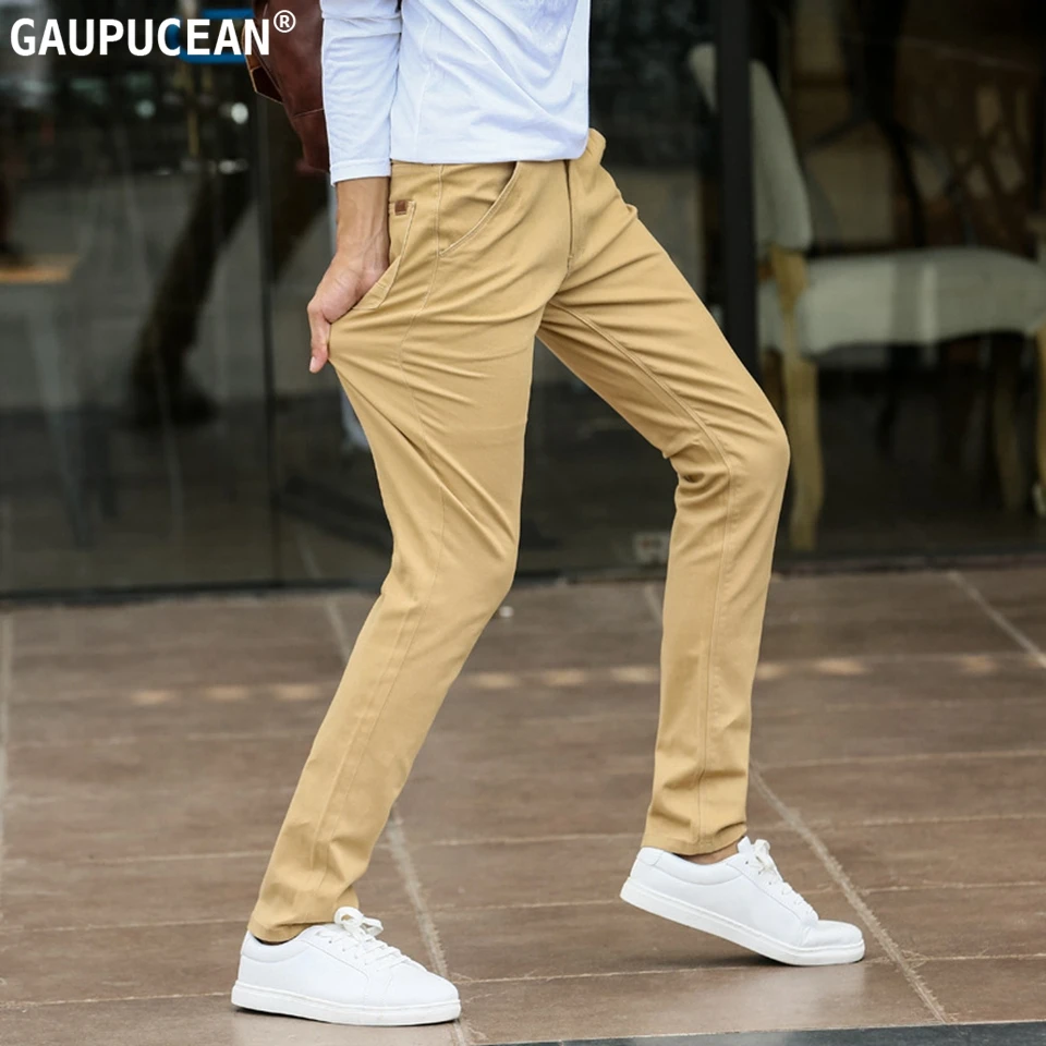 

2019 Spring Autumn Summer Men Casual Pants Chino 98% Cotton 2% Spandex Straight Elastic Red Khaki Full Length Long Man Trousers