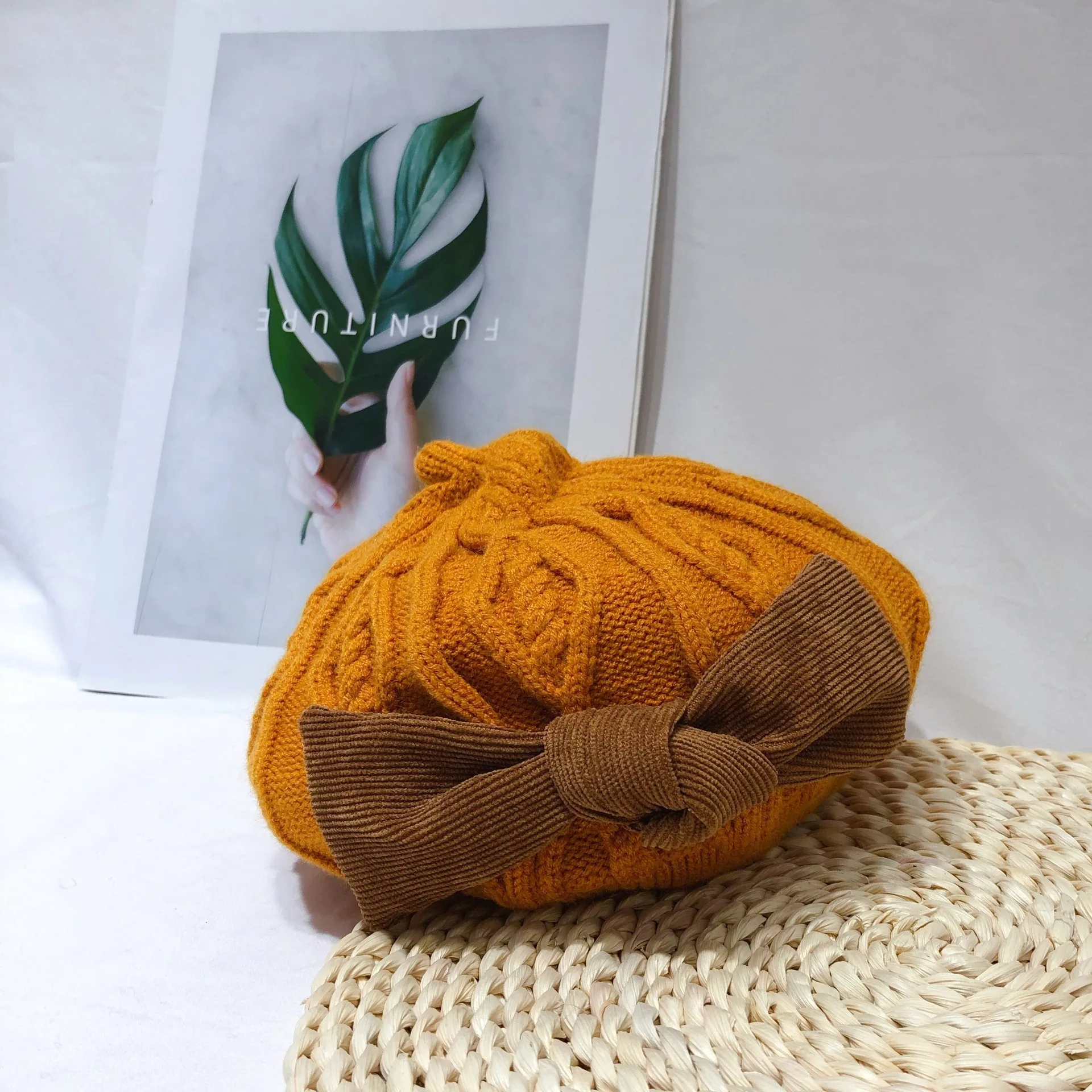 Новые модные зимние детские шапки с бантиком, детские шапки, одноцветные шерстяные береты с бантиком