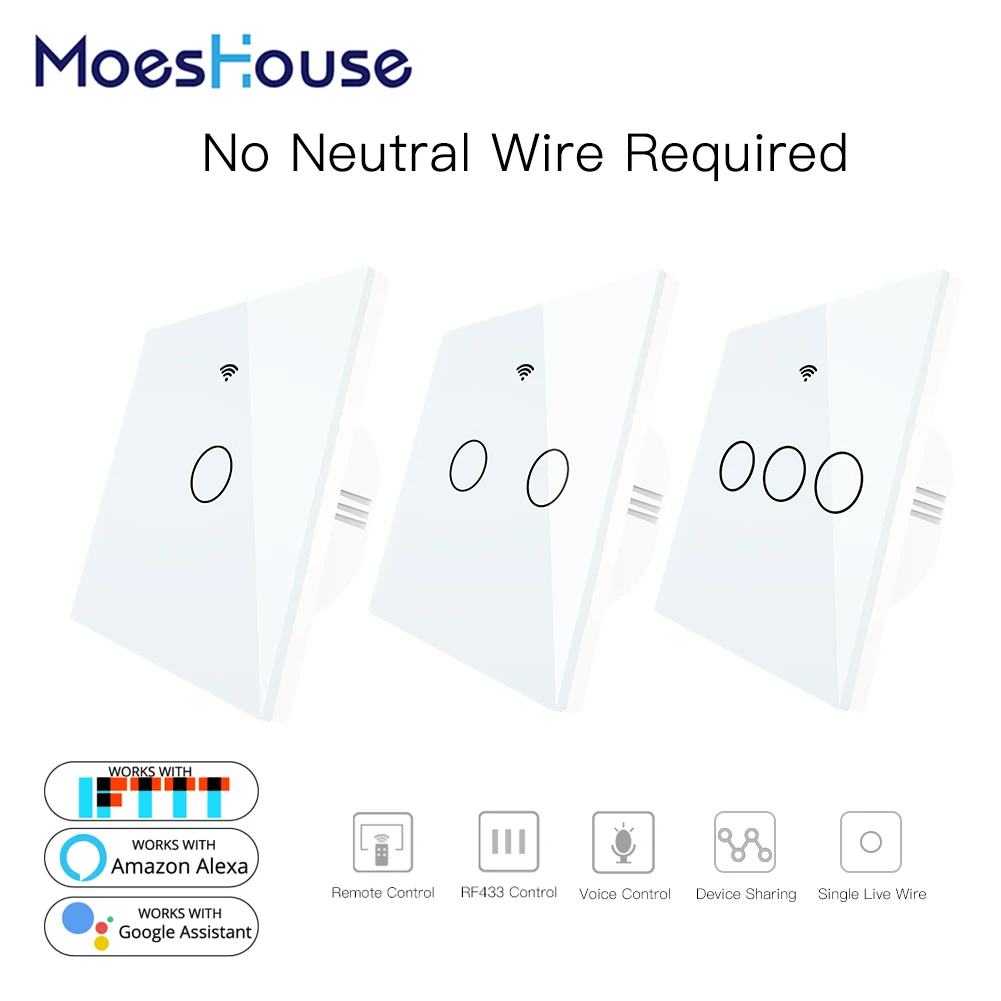  Single Fire WiFi Smart Wall Switch No Neutral Wire Needed Wireless Smart Life Tuya Remote Control W - 4000155341437