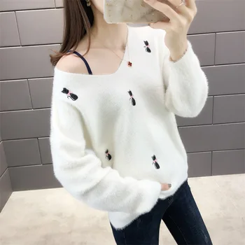 

5515 (zhong 1 row 5) new winter v-neck knitting plush embroidery long-sleeved pullovers 54 women's wear