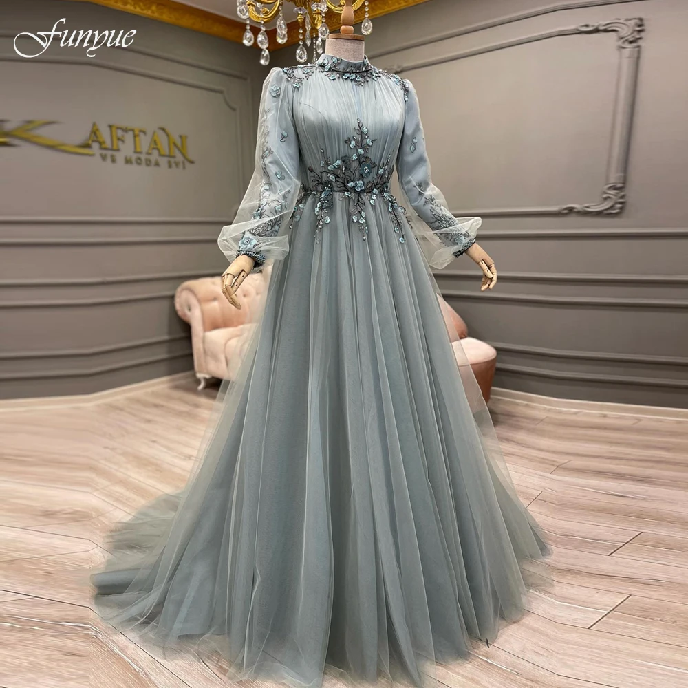 evening gowns with sleeves Dusty Blue Long Sleeve Muslim Evening Gowns A Line Tulle Beading Flowers Elegant Arabic Dubai Formal Prom Dresses Robe De Mariée evening gowns Evening Dresses