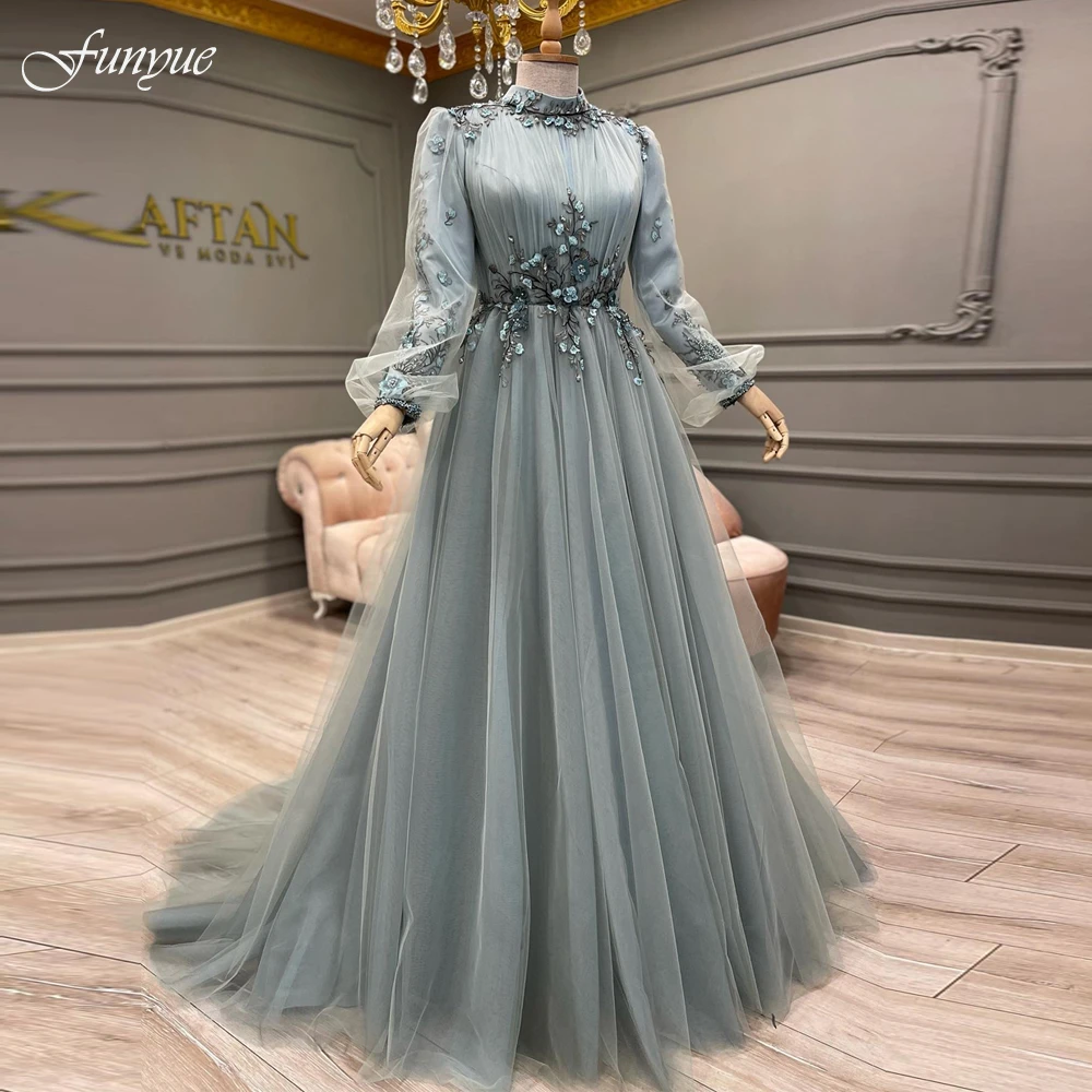 evening gowns with sleeves Dusty Blue Long Sleeve Muslim Evening Gowns A Line Tulle Beading Flowers Elegant Arabic Dubai Formal Prom Dresses Robe De Mariée evening gowns