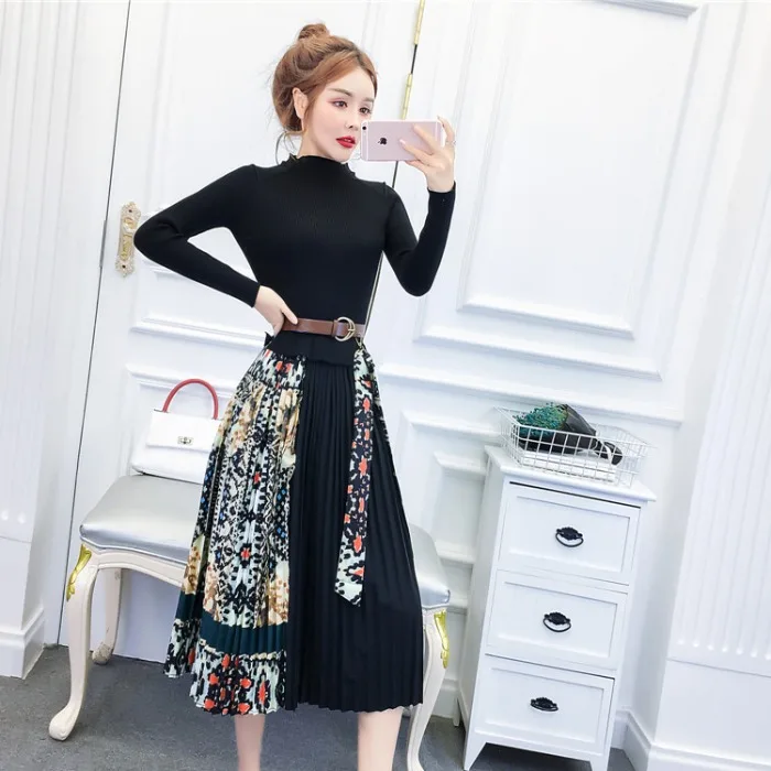 

Winter Skirt Children 2019 New Style Korean-style Elegant Slim Fit Versatile Mid-length Printed Joint Mock Two-Piece Dress