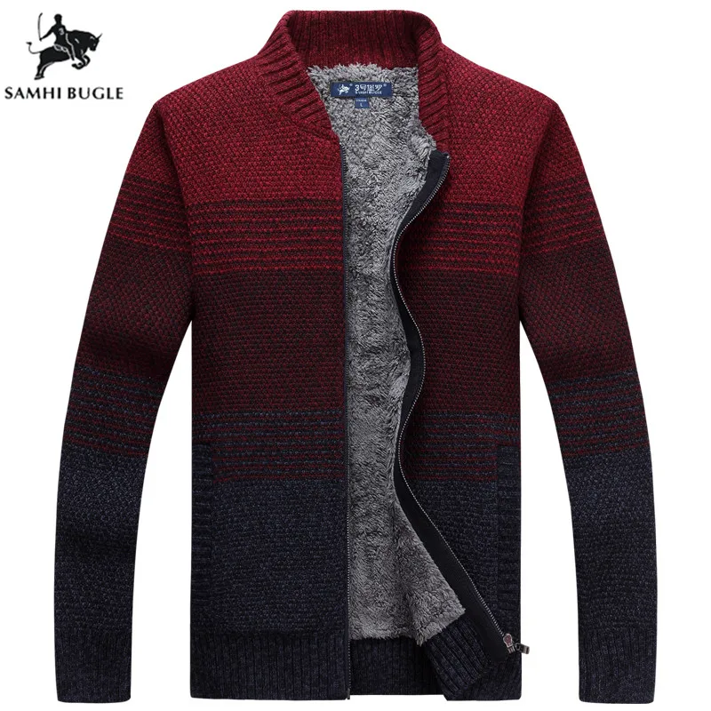 Mens Sweaters for 2019 Autumn Winter Warm Thicken Stripe Splicing Sweater Men Fashion Zipper Cardigan Wool Sweater Men