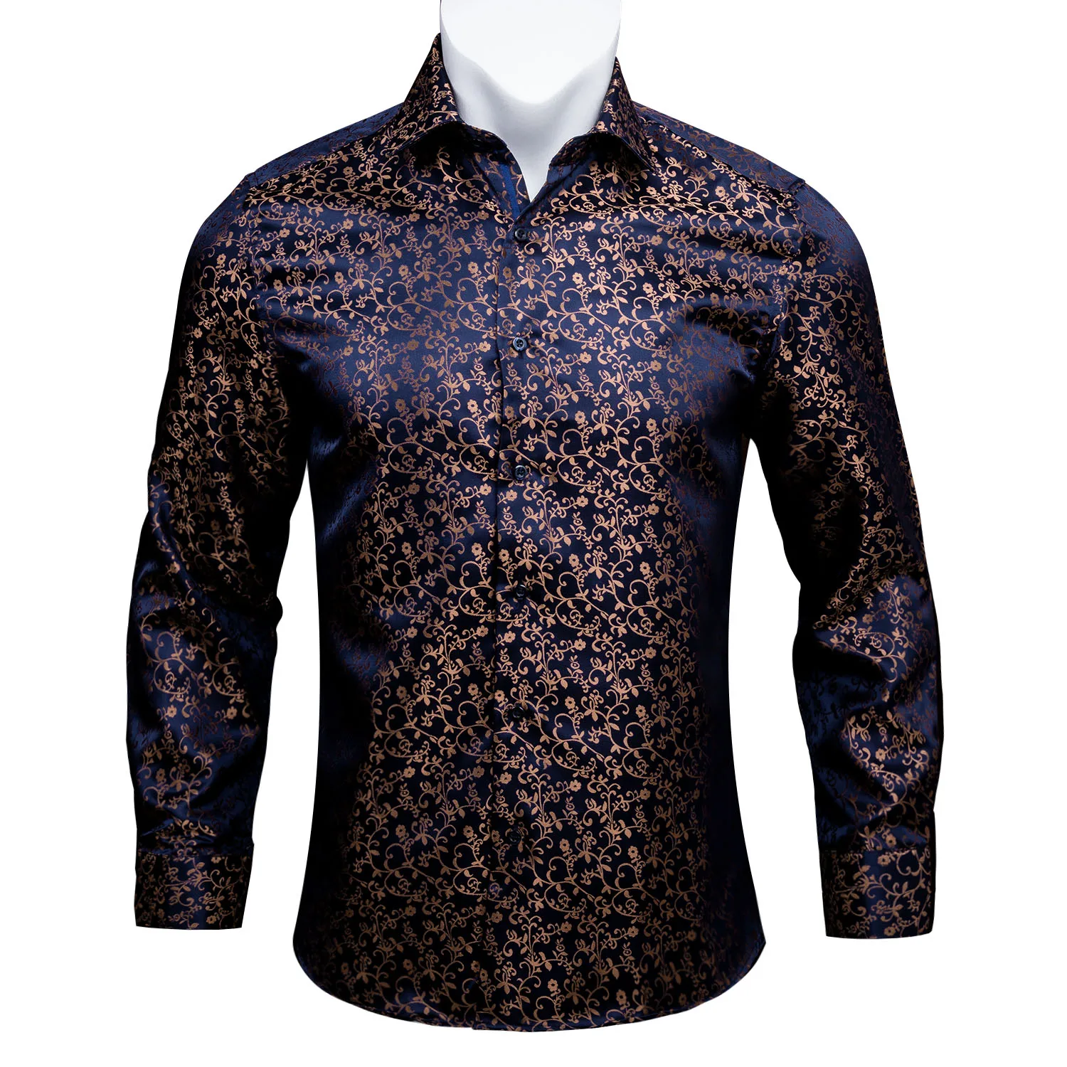 Barry.wang Gold Soft Silk Shirts Men Autumn Long Sleeve Casual Flower ...