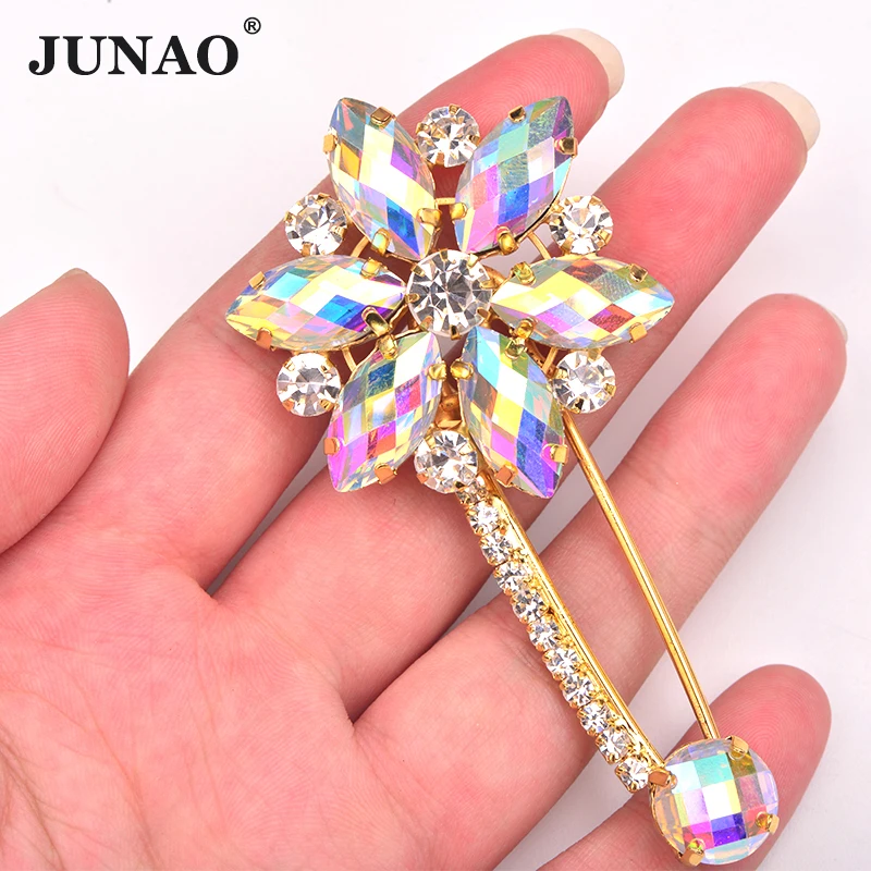 

JUNAO 35*85mm Glitter Crystal AB Flowers Glass Rhinestone Brooch Big Gold Crystal Applique Diamond Strass Pins For Dress