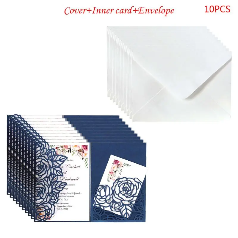 10pcs/set Hollow Rose Shape Laser Cut Wedding Invitations Card Party Supplies - Цвет: Синий