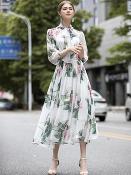 

2020 summer new fashion elegant temperament Chiffon printing long dress tie collar very Fairy Holiday Dress