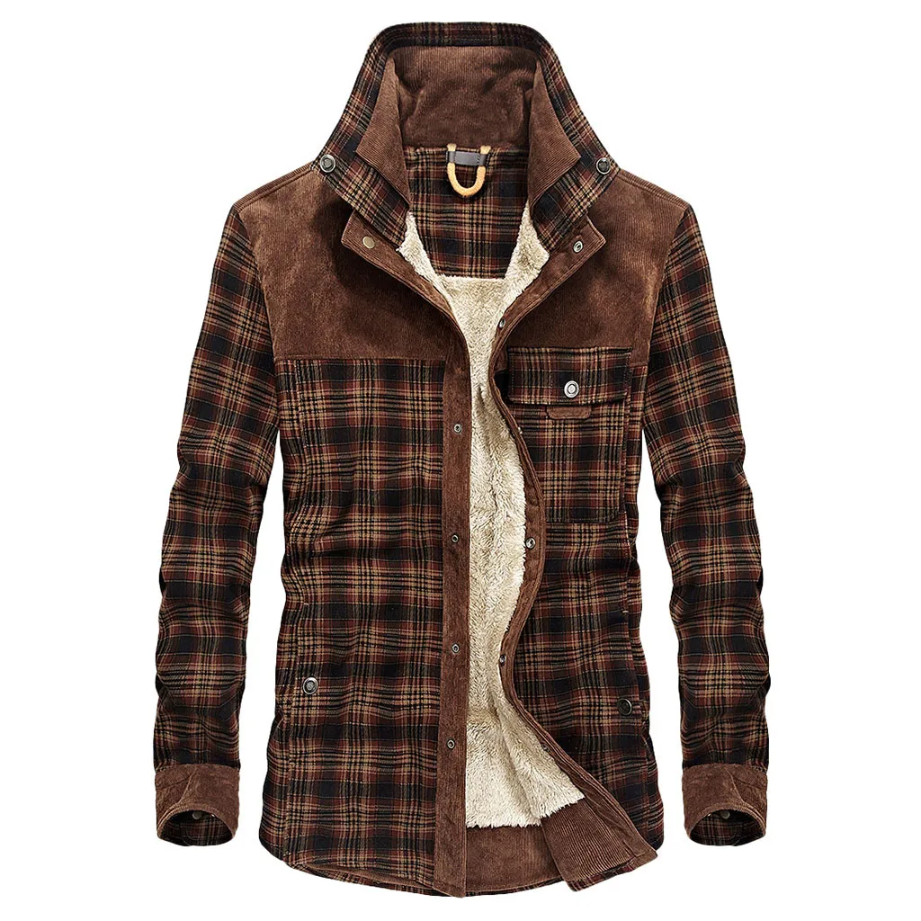 SAGACE Мужская куртка и пальто трендовая Теплая Флисовая джинсовая куртка зимняя модная мужская джинсовая куртка верхняя одежда мужская куртка в клетку - Цвет: Coffee