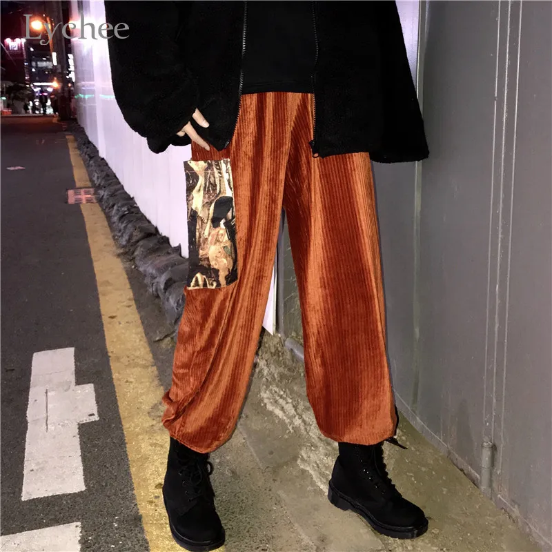 Lychee, Harajuku, однотонные Вельветовые женские штаны, высокая талия, свободные, широкие, женские брюки, винтажные, весна, осень, зима, женские штаны