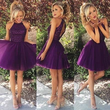 Purple Halter Homecoming Dress 2021 Mini Party Prom Gown A-Line Short Tulle Sleeveless Backless Sequined Beads Above Knee