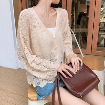 

Women Hollow Sweaters Long Sleeve Cardigans Thin Tops Sexy V-Neck Ruffles Solid Sweater Knitted Tops