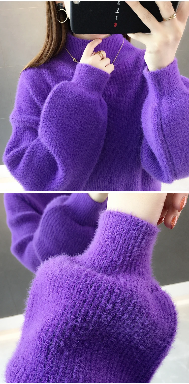 Зима-осень новая мода искусственная норка кашемировые женские свитера с рукавами-фонариками повседневные однотонные простые шикарные короткие пуловеры