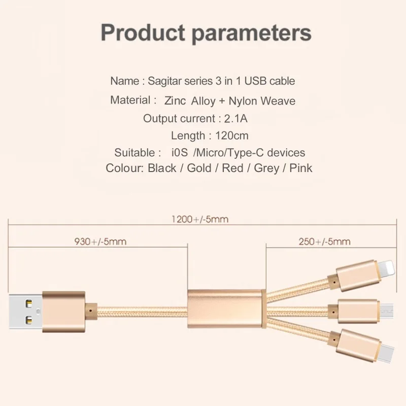 3 в 1 нейлоновый USB кабель 1,2 м usb шнур для зарядки 2A быстрое зарядное устройство для мобильного телефона зарядный кабель для iPhone samsung huawei Xiaomi