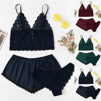 

Sexy Lingerie Women porno body underwear babydoll pajamas Solid color Silk Satin Lace Shorts Set Underwear Sleepwear S-2XL h4