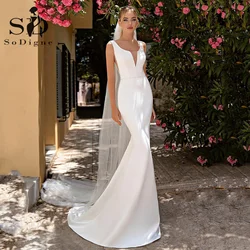 SoDigne White Satin Mermaid Wedding Dresses With Belt Beads Simple Backless Formal Long Bridal Gown Custom Made Bride Dress