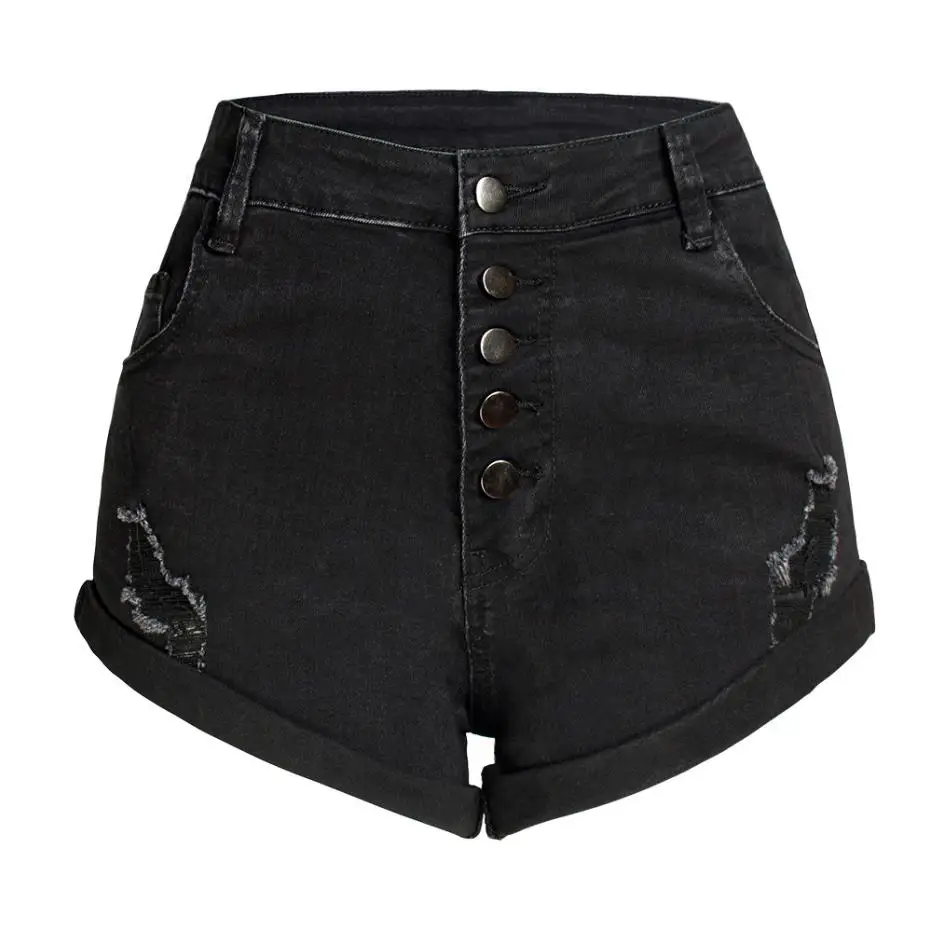 Black Womens Summer Black Elastic Denim Shorts Trendy Curling Single Breasted High Waist Jeans Female Wild Fasion Mini Shorts D495 - Цвет: Black