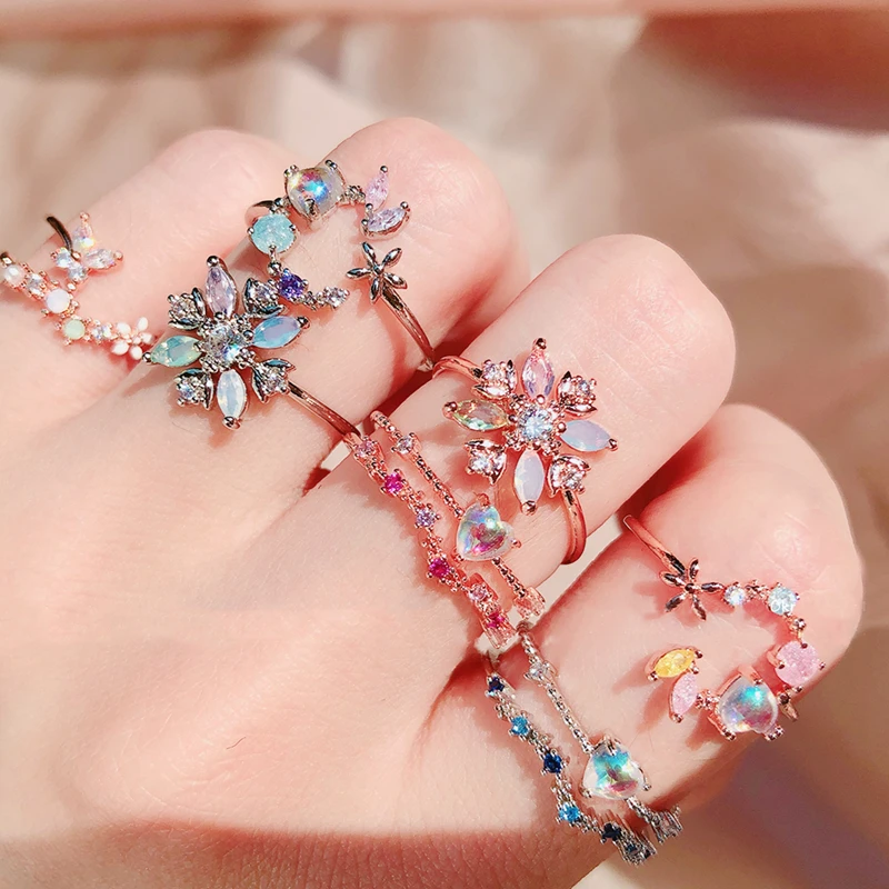 MENGJIQIAO Fashion Korean Delicate Zircon Heart Moon Adjustable Rings For Women Micro