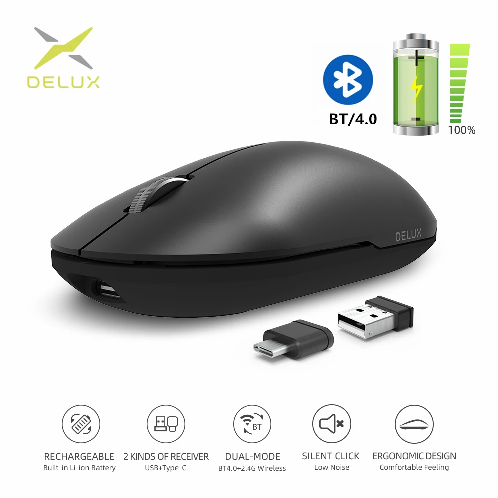 

Delux M399DB Bluetooth Wireless Mouse Type-C + USB 2.4Ghz Dual mode Receiver Rechargeable Slient Click Mice For Pad Computer